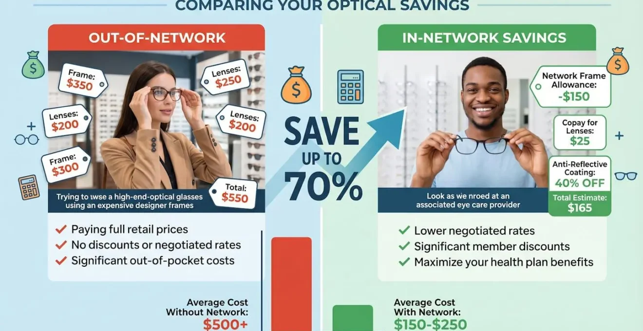 Comparaison visuelle des économies réalisées sur des lunettes via un réseau de soins