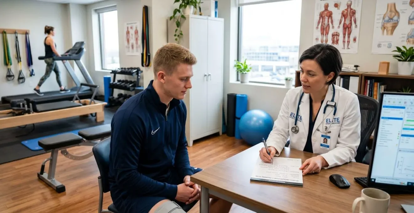 Bureau médical avec prescription sportive et équipements de fitness en arrière-plan