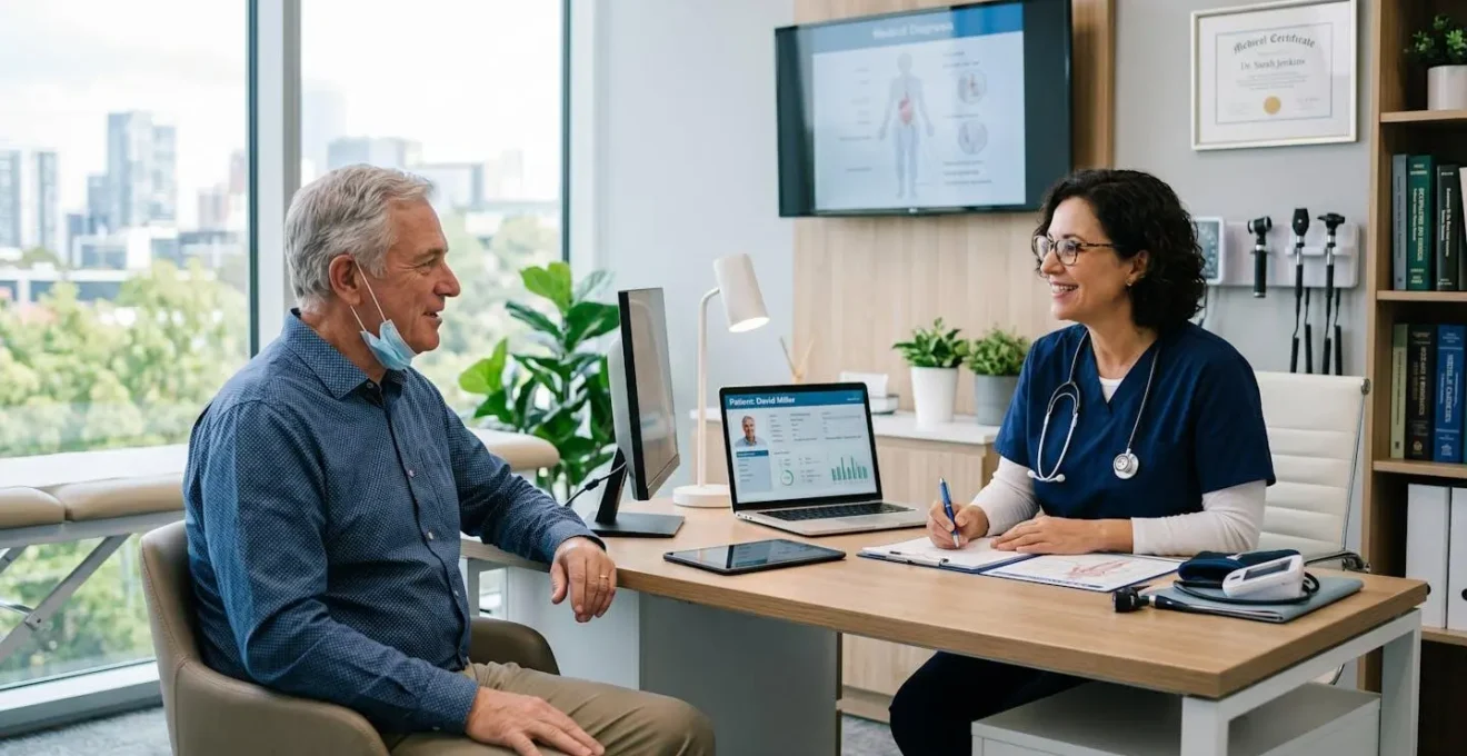 Patient en consultation avec son médecin traitant dans un cabinet médical moderne