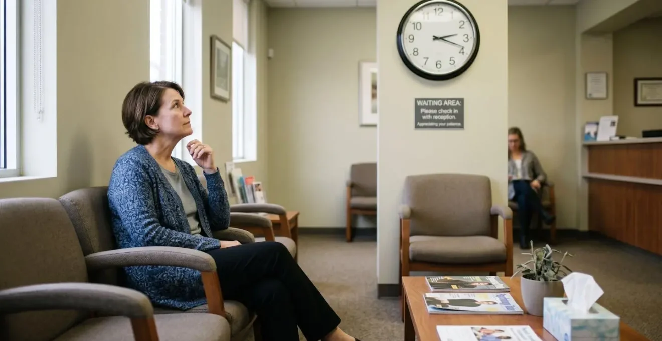Salle d'attente de centre médico-psychologique avec patient regardant une horloge