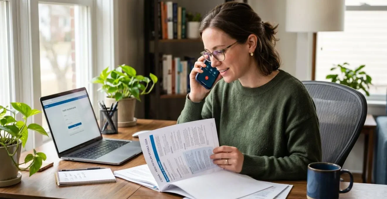 Personne au téléphone consultant des documents de mutuelle sur un bureau organisé