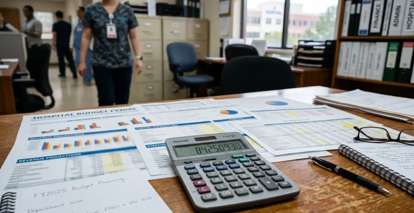 Bureau avec calculatrice et documents financiers flous pour planification budgétaire hospitalière