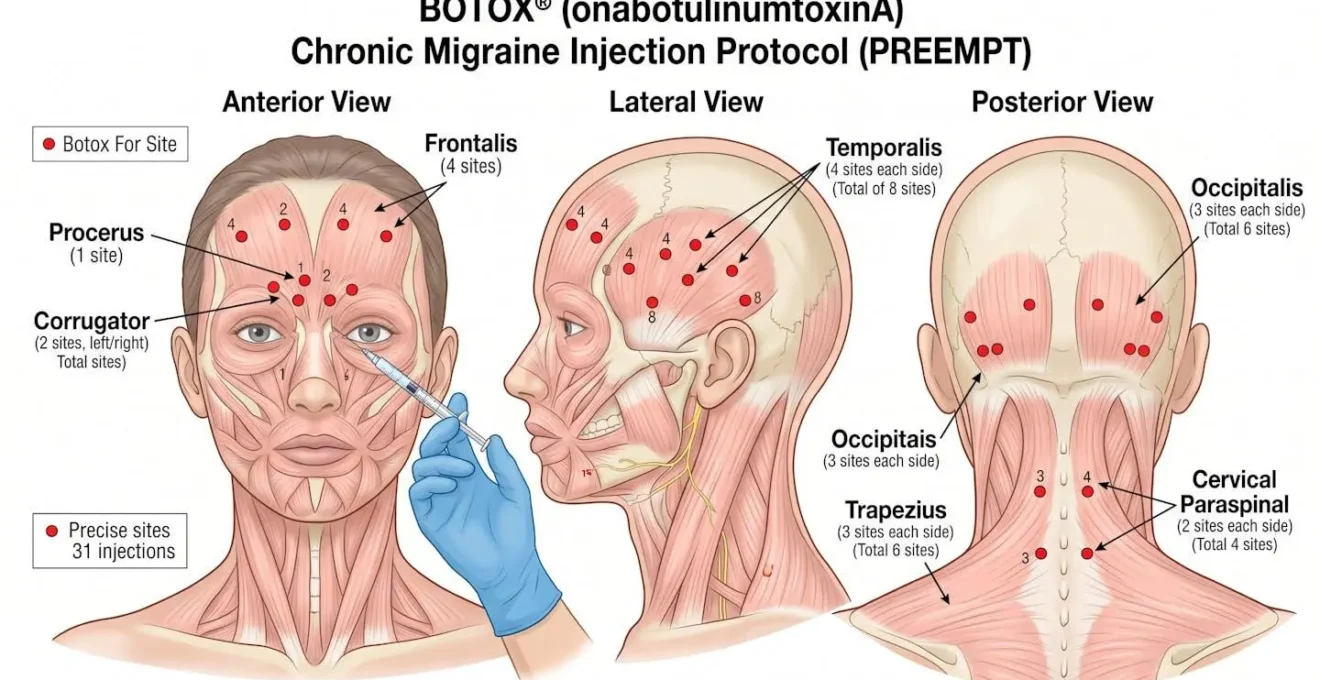 Illustration médicale du protocole d'injection de Botox pour migraine chronique