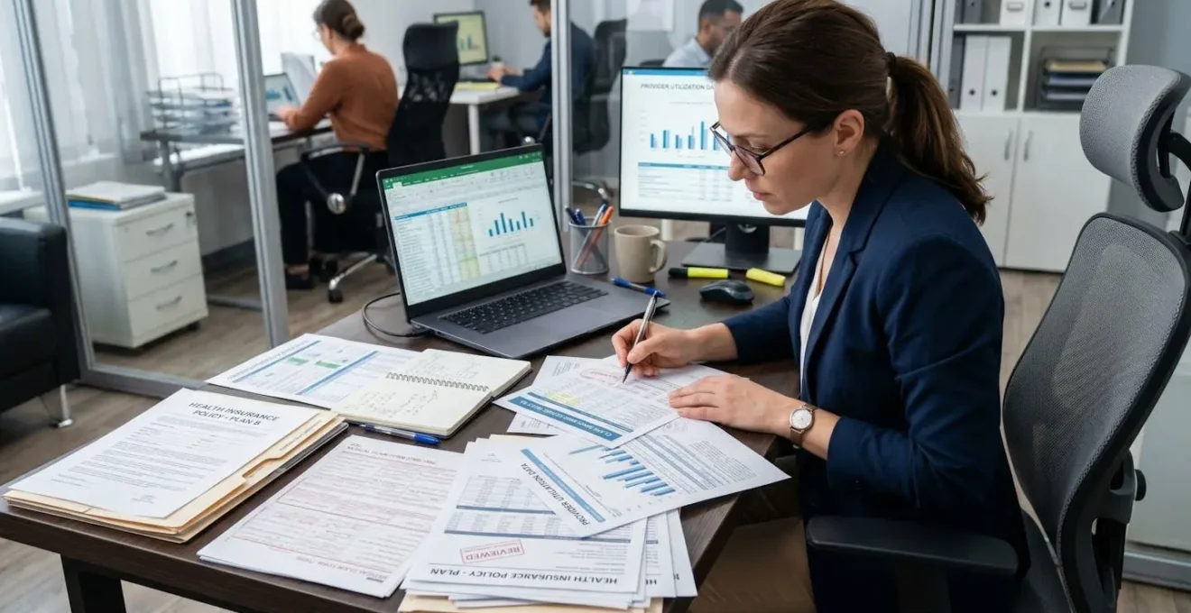 Analyse de documents de mutuelle santé sur bureau professionnel