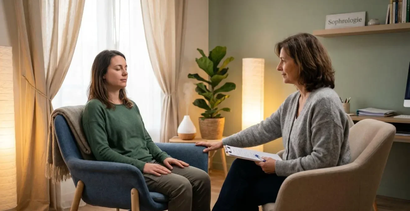 Séance de sophrologie dans un espace de relaxation professionnel avec praticien et patient