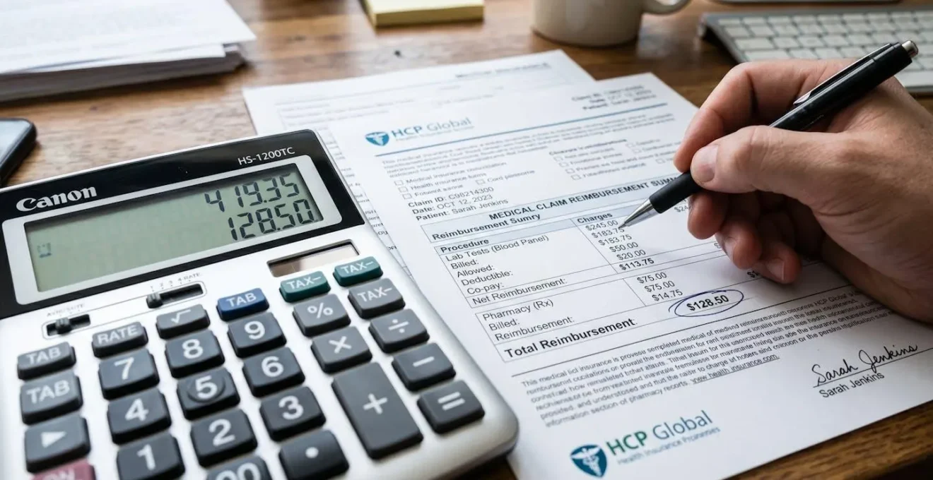 Détail macro d'une calculatrice et documents médicaux illustrant le calcul précis des remboursements
