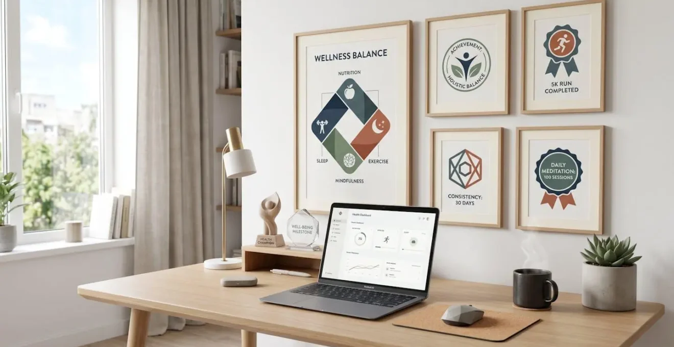 Espace de travail minimaliste avec graphiques de santé abstraits et récompenses symboliques