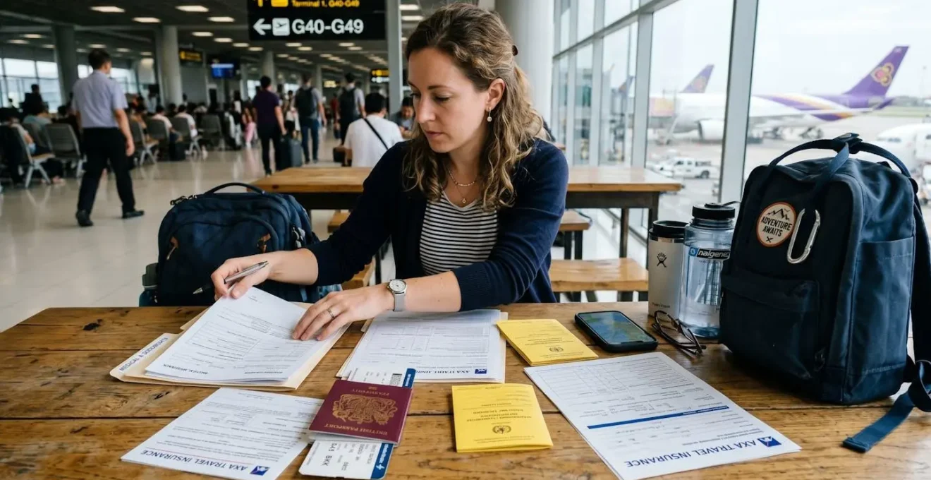 Voyageur organisant des documents médicaux sur une table avec passeport