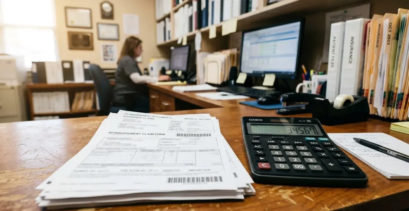 Bureau médical avec calculatrice et documents de remboursement flous