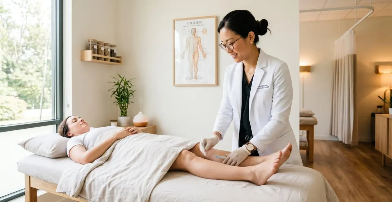 Praticien en blouse médicale dans un cabinet d'acupuncture moderne et lumineux