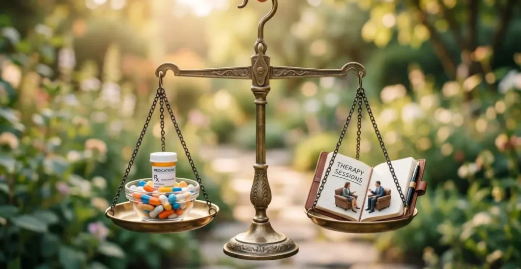 Balance symbolique équilibrant médicaments et séances de thérapie