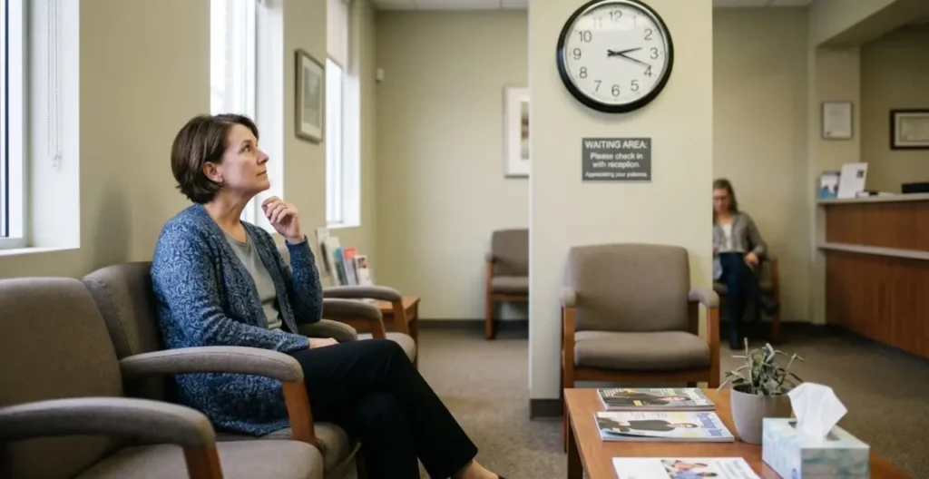 Salle d'attente de centre médico-psychologique avec patient regardant une horloge